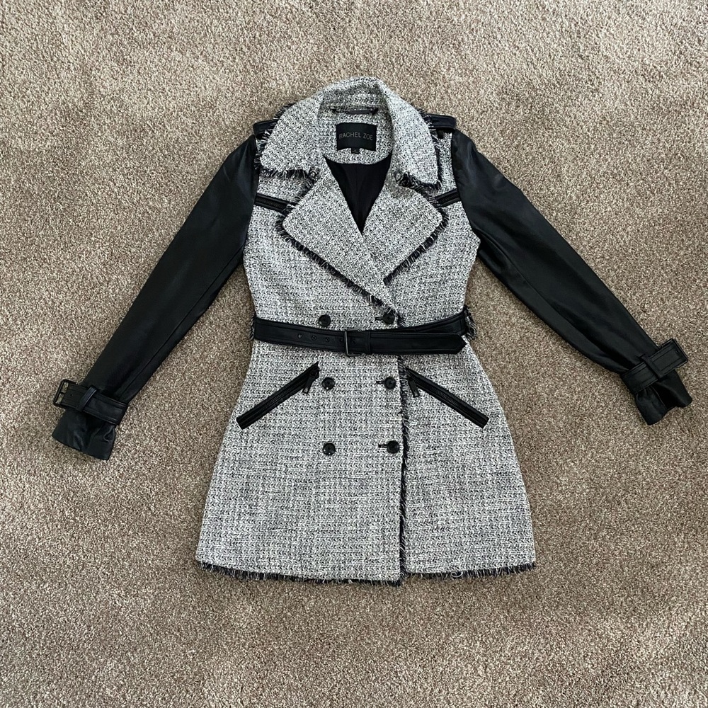 Rachel Zoe Tweed Genuine Leather Trench Coat